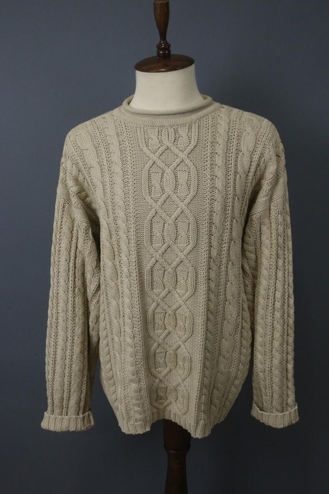 Designer Hackett London Tan Cable Knit Crew Neck Sweater Size L Size L / US 10 / IT 46 - 1 Thumbnail