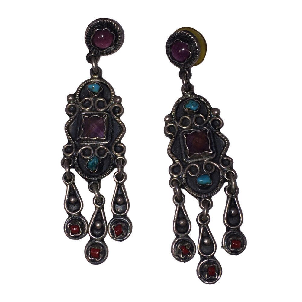 Designer Mexican Sterling Silver Gemstone Chandelier Dangle Earrings Size ONE SIZE - 3 Thumbnail