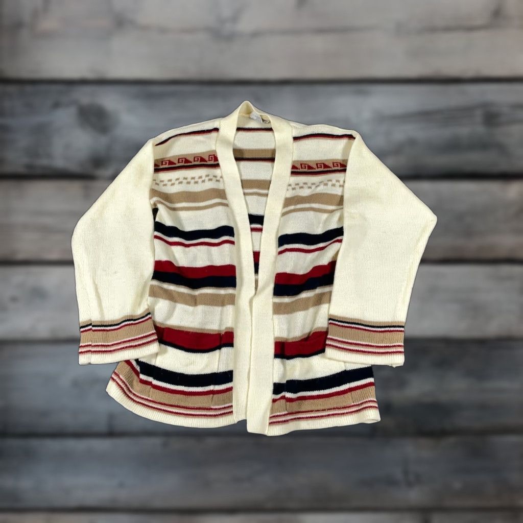 Vintage VINTAGE Boho Cardigan Womens Large Ivory Striped Lightweight Open-Front 80s Retro Sweater Womens Size L / US 10 / IT 46 - 1 Thumbnail