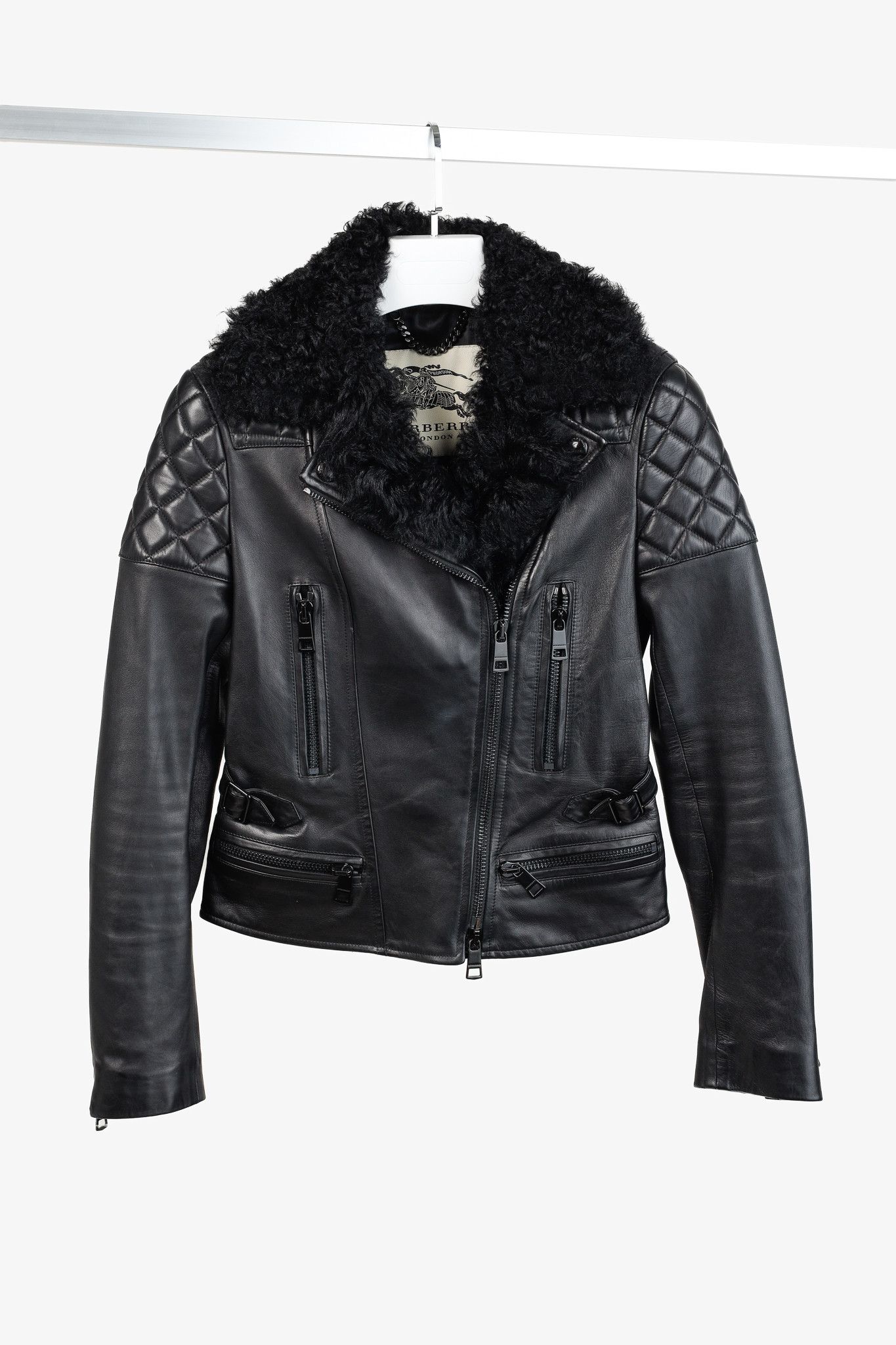 Burberry Oatshire Shearling Quilted Leather Moto Jacket