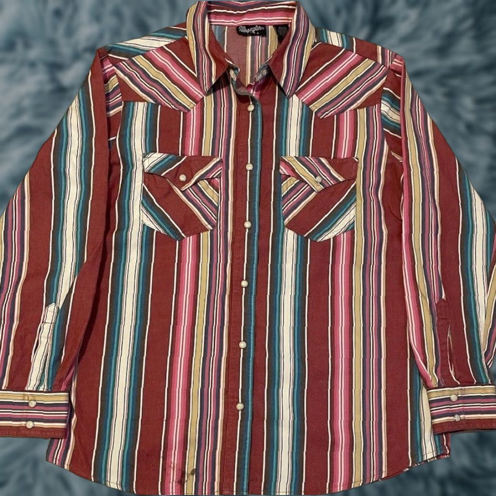 Wrangler VINTAGE Wrangler Striped Pearl Snap Shirt M Western Cowboy Aztec Grunge AOP 90s Y2K Mens Size US M / EU 48-50 / 2 - 1 Thumbnail