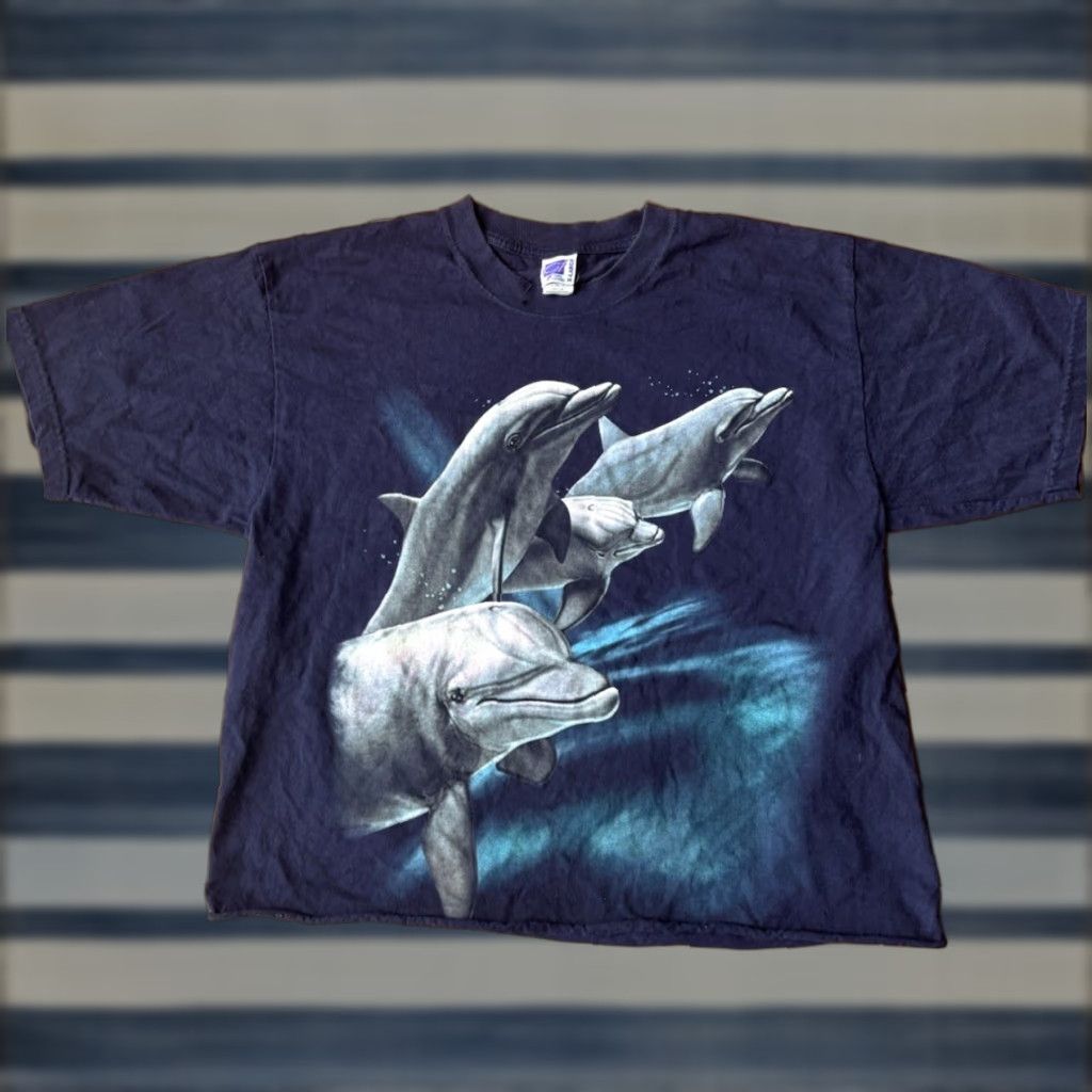 Vintage VINTAGE 90s Dolphins Nature Animal Earth Ocean T-Shirt XL Cropped Graphic Gi Blue Unisex Adults Short Sleeve Round Neck Canvas Cotton Size US XL / EU 56 / 4 - 1 Thumbnail