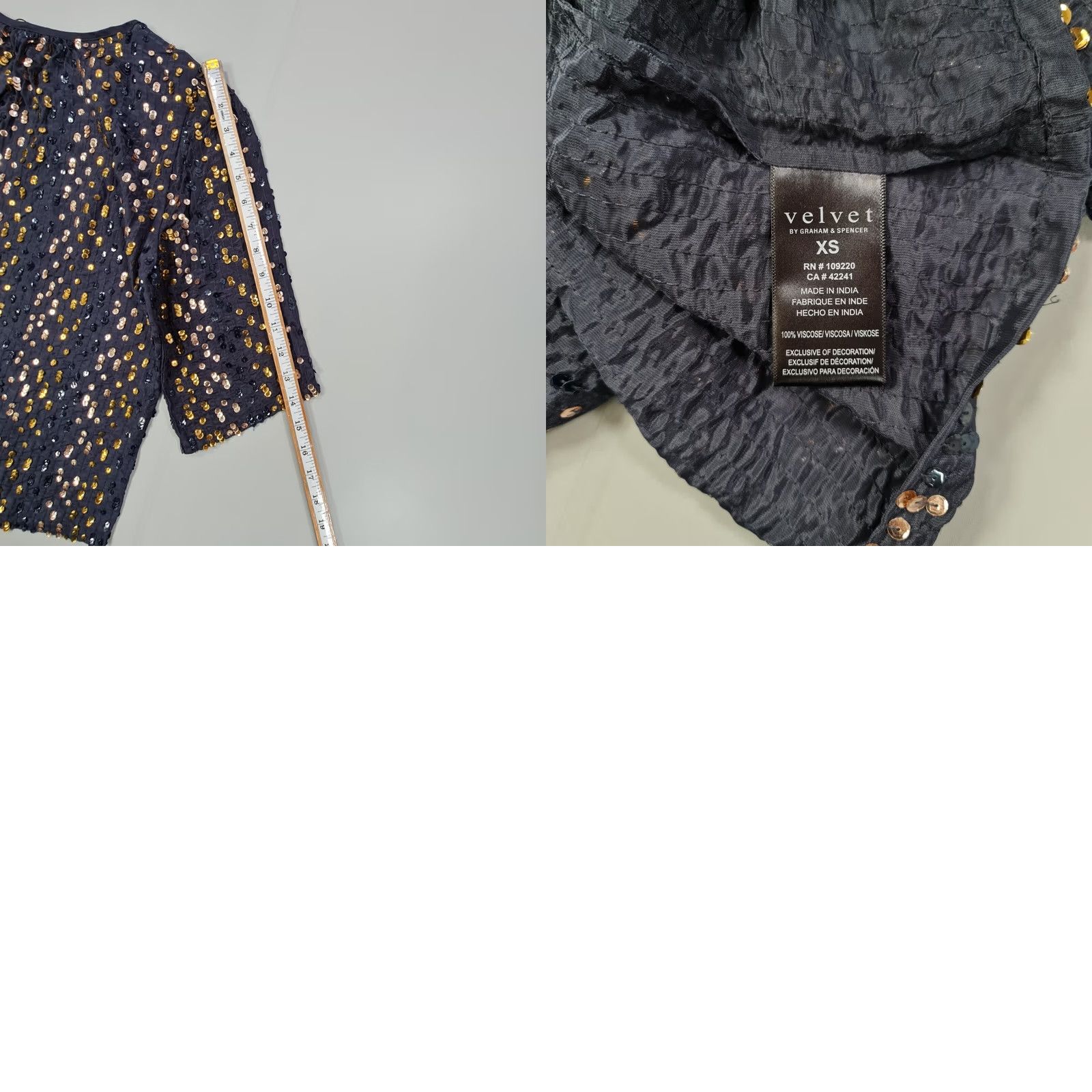 Vintage Velvet by Graham & Spencer Blouse Navy Blue XS V-Neck Sequin Short Sleeve Women's XS Blouse Velvet Sequin V-Neck Top Size XS / US 0-2 / IT 36-38 - 8 Thumbnail
