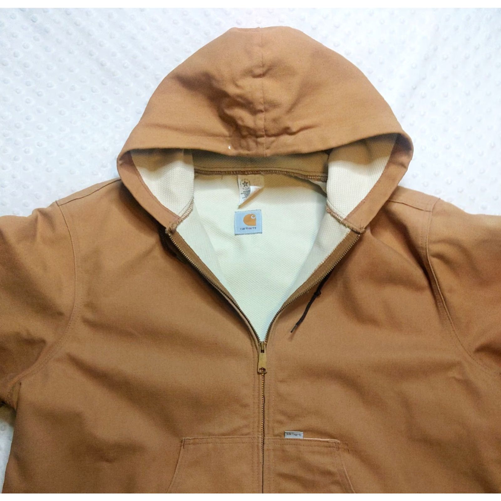 Carhartt VINTAGE Carhartt Mens 2XLT Jacket Hooded Bomber Waffle Lined Canvas Duck Workwear Brown Zip Zipper Mid-Length All Seasons Casual Outdoor 90s USA Mens Size US XXL / EU 58 / 5 - 4 Thumbnail