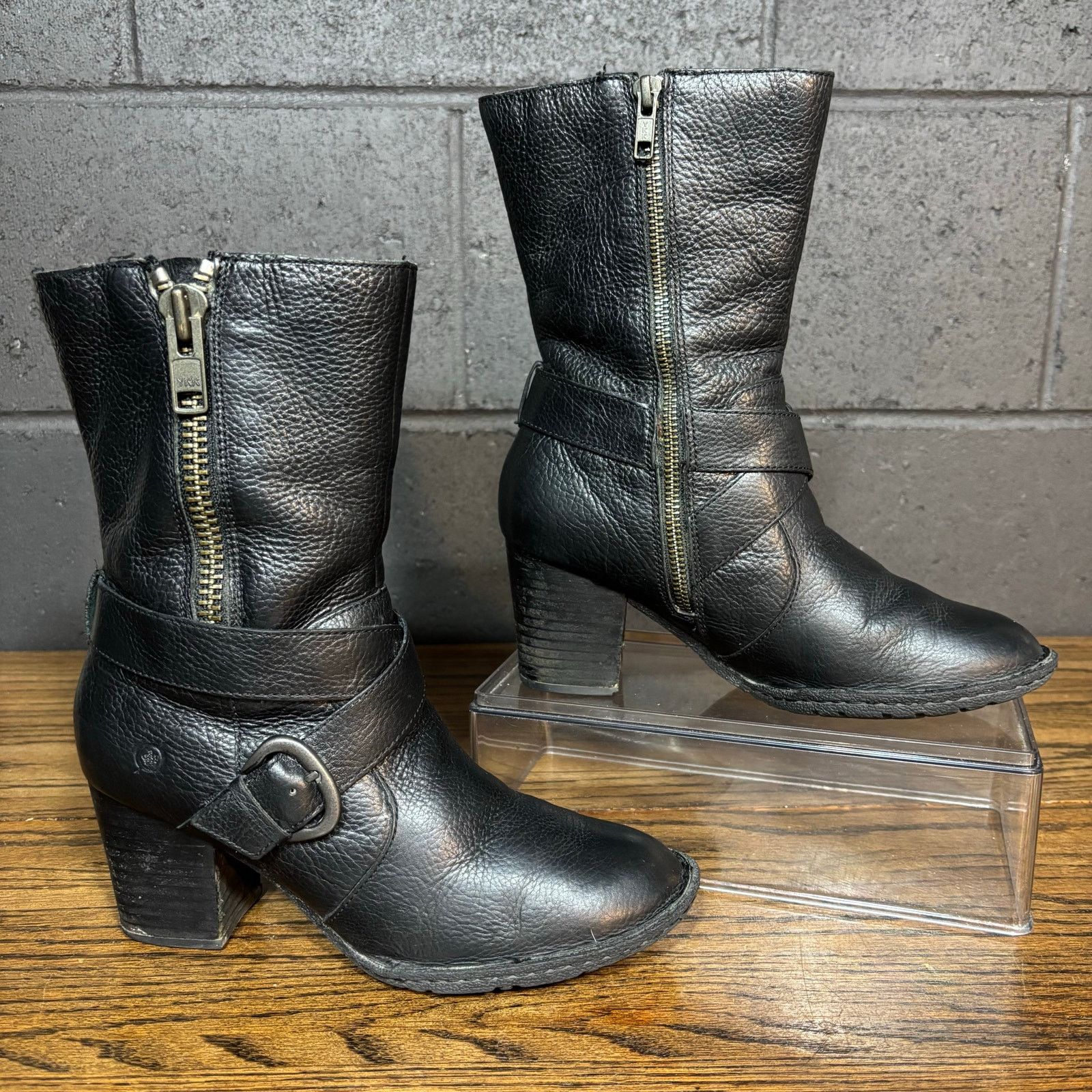 Born Black Leather Moto Boots Side Zip Mid Calf Women’s 6.5