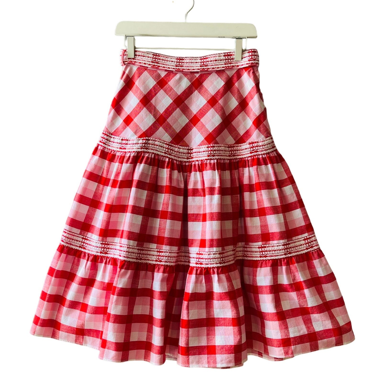 Vintage VINTAGE 70s Arola Finland Gingham Tiered Midi Skirt Size XXS Size 26" / US 2 / IT 38 - 2 Thumbnail