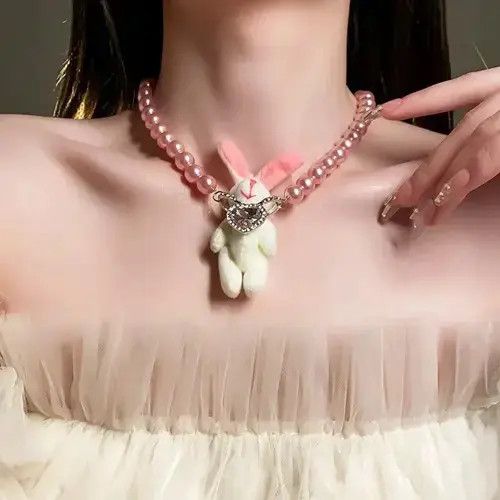 Japanese Brand × Vintage Cute Rabbit Pendant Necklaces For Women Girl Rhinestone Size ONE SIZE - 1 Thumbnail