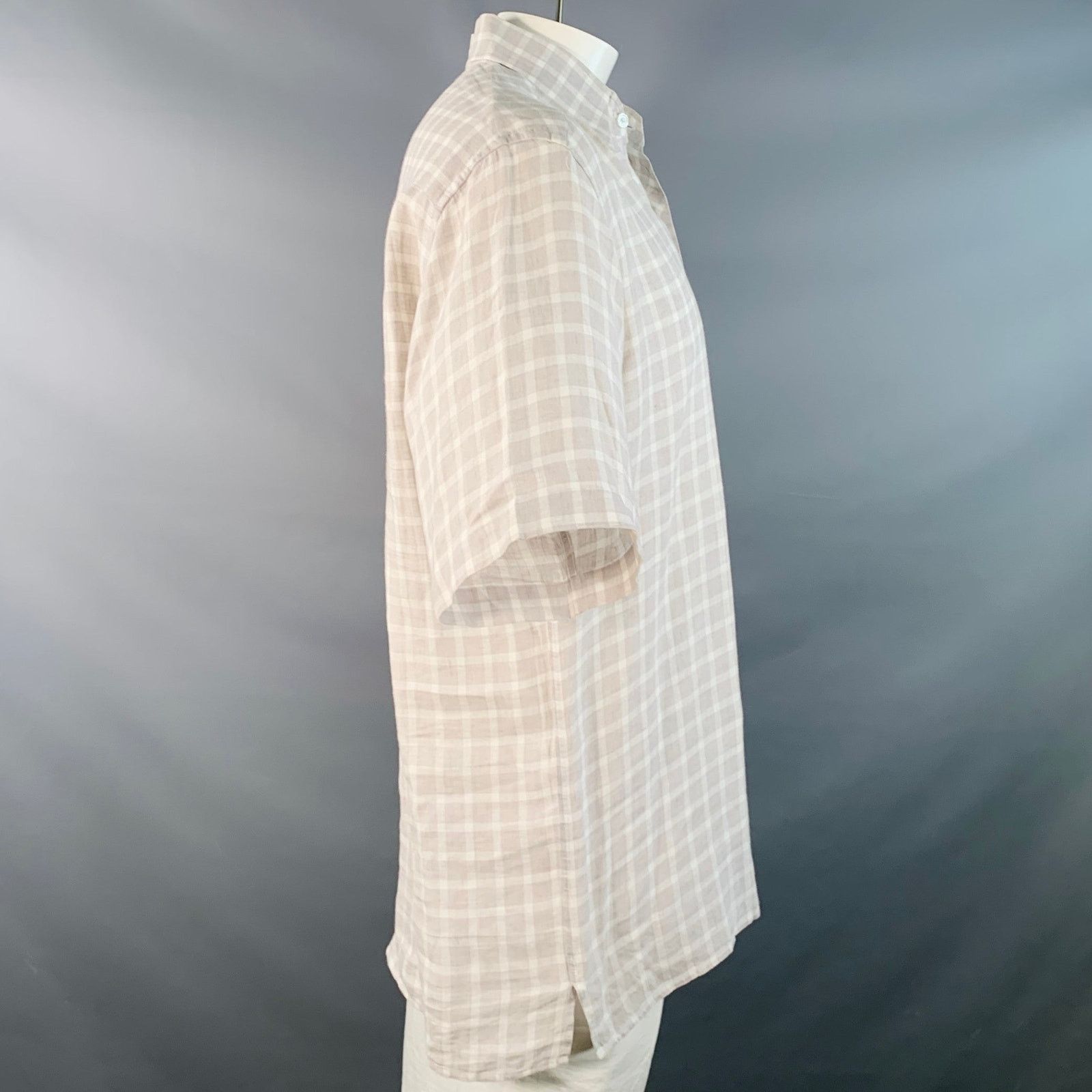 Ermenegildo Zegna Size L Grey White Plaid Linen One Pocket Short Sleeve Shirt Size US L / EU 52-54 / 3 - 2 Thumbnail