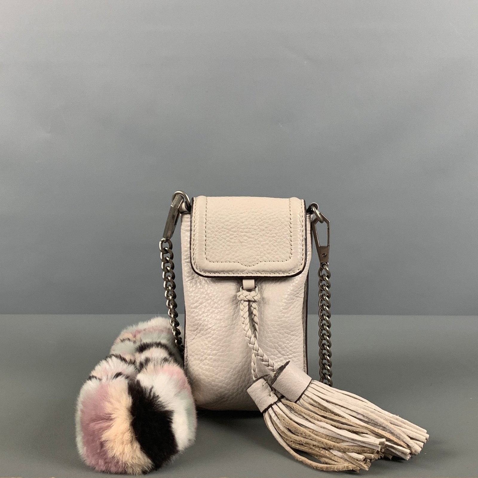 REBECCA MINKOFF Grey Rabbit Fur Leather Cross Body Handbag