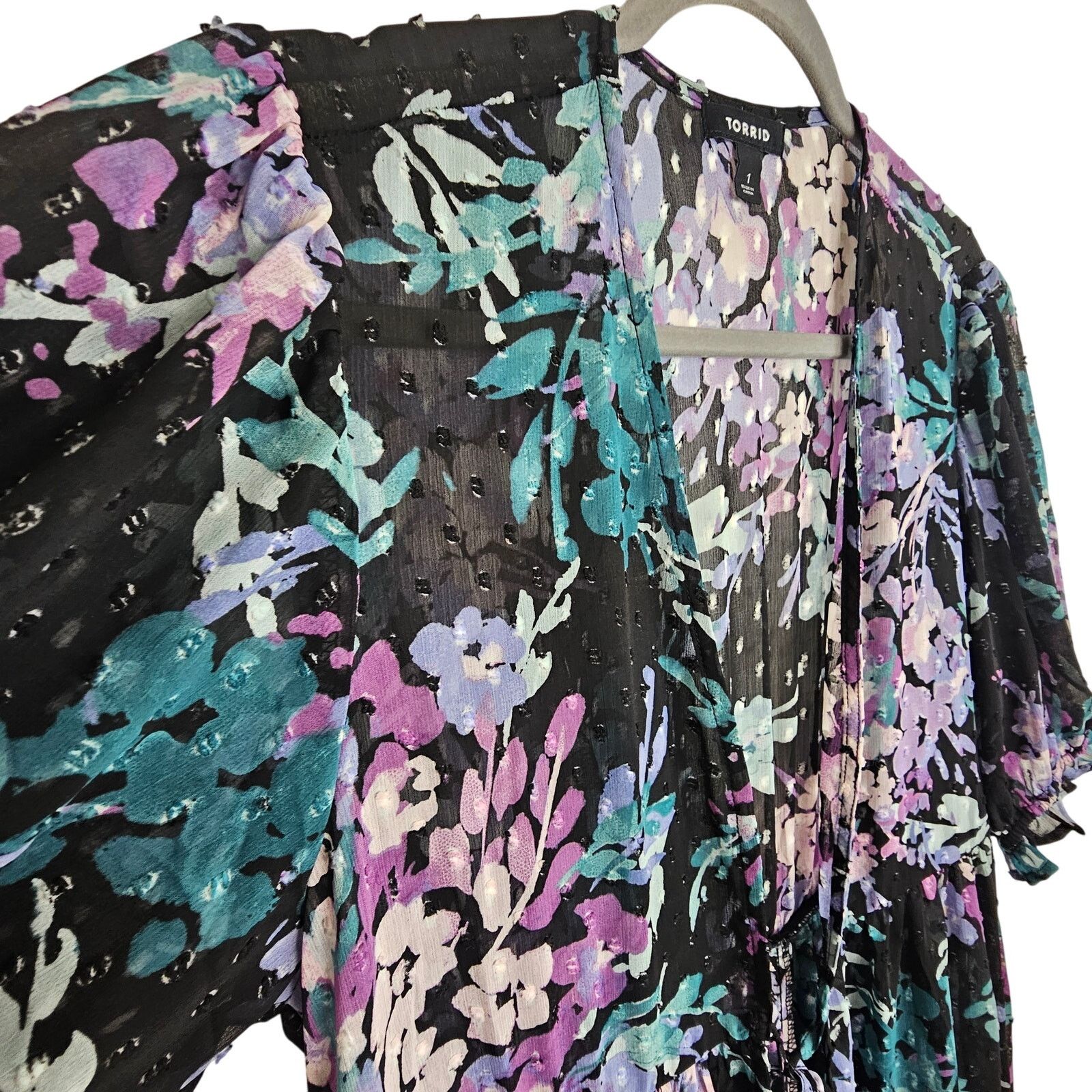 Corridor Torrid Ruffle Kimono Chiffon Clip Dot Floral Black Tiered Size XL / US 12-14 / IT 48-50 - 7 Thumbnail