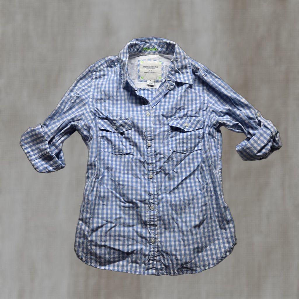 American Eagle Outfitters AMERICAN EAGLE Top Blue White Checkerd Button Up Lightweight Work Wear Women's 6 Size M / US 6-8 / IT 42-44 - 1 Thumbnail