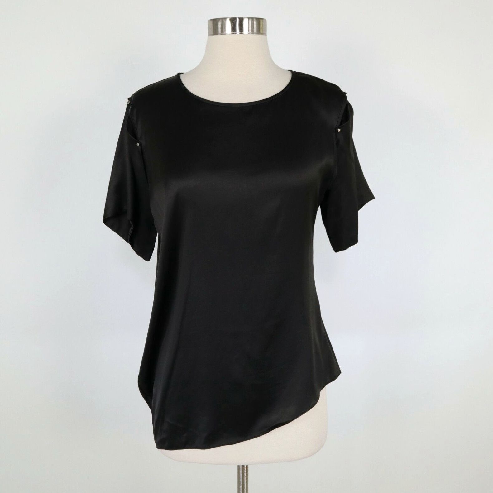image of Narciso Rodriguez Blouse Top Silk S Small Black Slit Sleeve Asymmetric Party in White, Women's