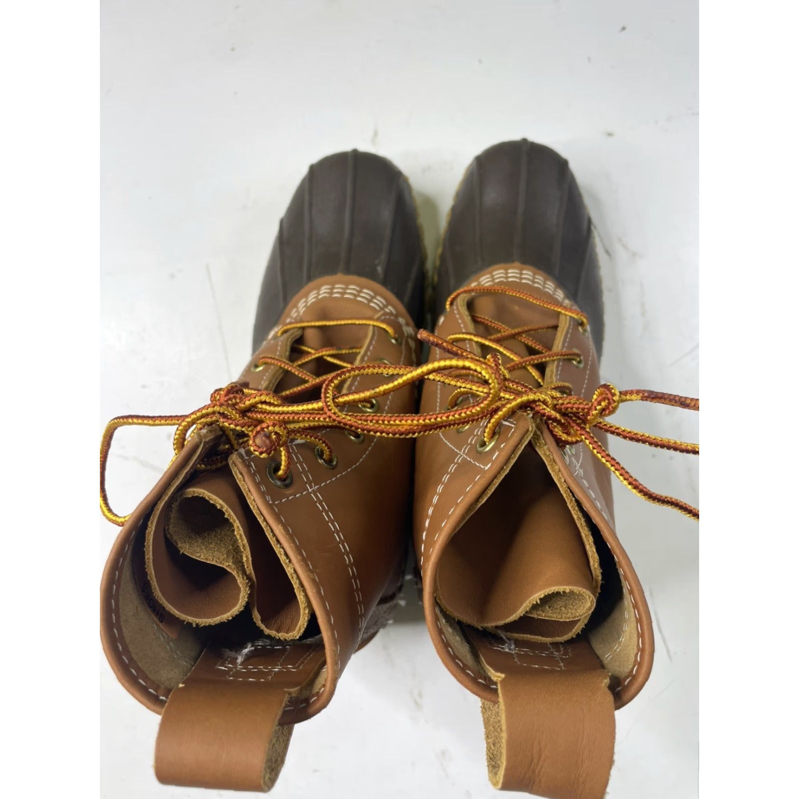 Vintage LL Bean Boots Women's 7M Tan Brown Leather L.L.Bean Bean Boots Duck Rain Boot Lace Up M Rubber Block Heel Flat Hunting Size US 7 / IT 37 - 5 Thumbnail