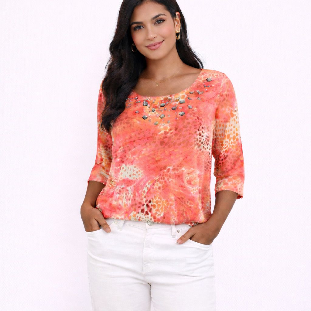 Vacation Susan Graver Coral Multi Embellished Leopard 3/4 Slv Top Size XL / US 12-14 / IT 48-50 - 1 Thumbnail