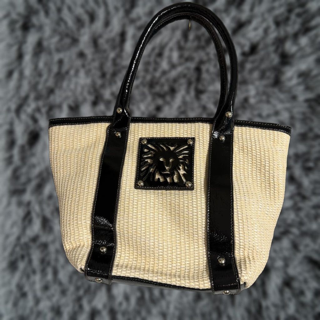 Anne Klein AK Anne Klein Lion Logo Straw Purse Cream Black Patent Trim Chic Beach Preppy Size ONE SIZE - 1 Thumbnail