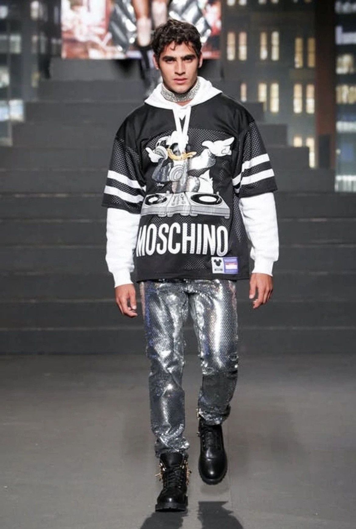 Japanese Brand × Jeremy Scott × Moschino Moschino H&M Jeremy Scott sequined denim silver pants Size US 33 - 2 Thumbnail