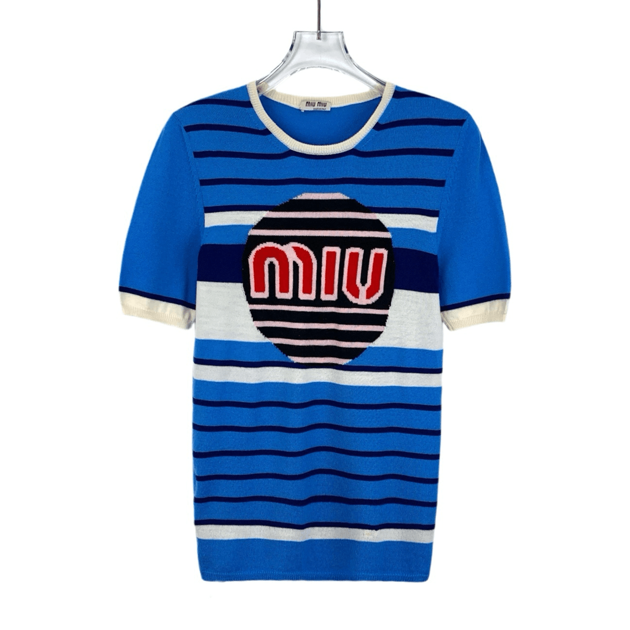 Miu Miu Miu Miu Blue Logo Stripe Intarsia Knit T-Shirt (Size S) Size XS / US 0-2 / IT 36-38 - 1 Thumbnail