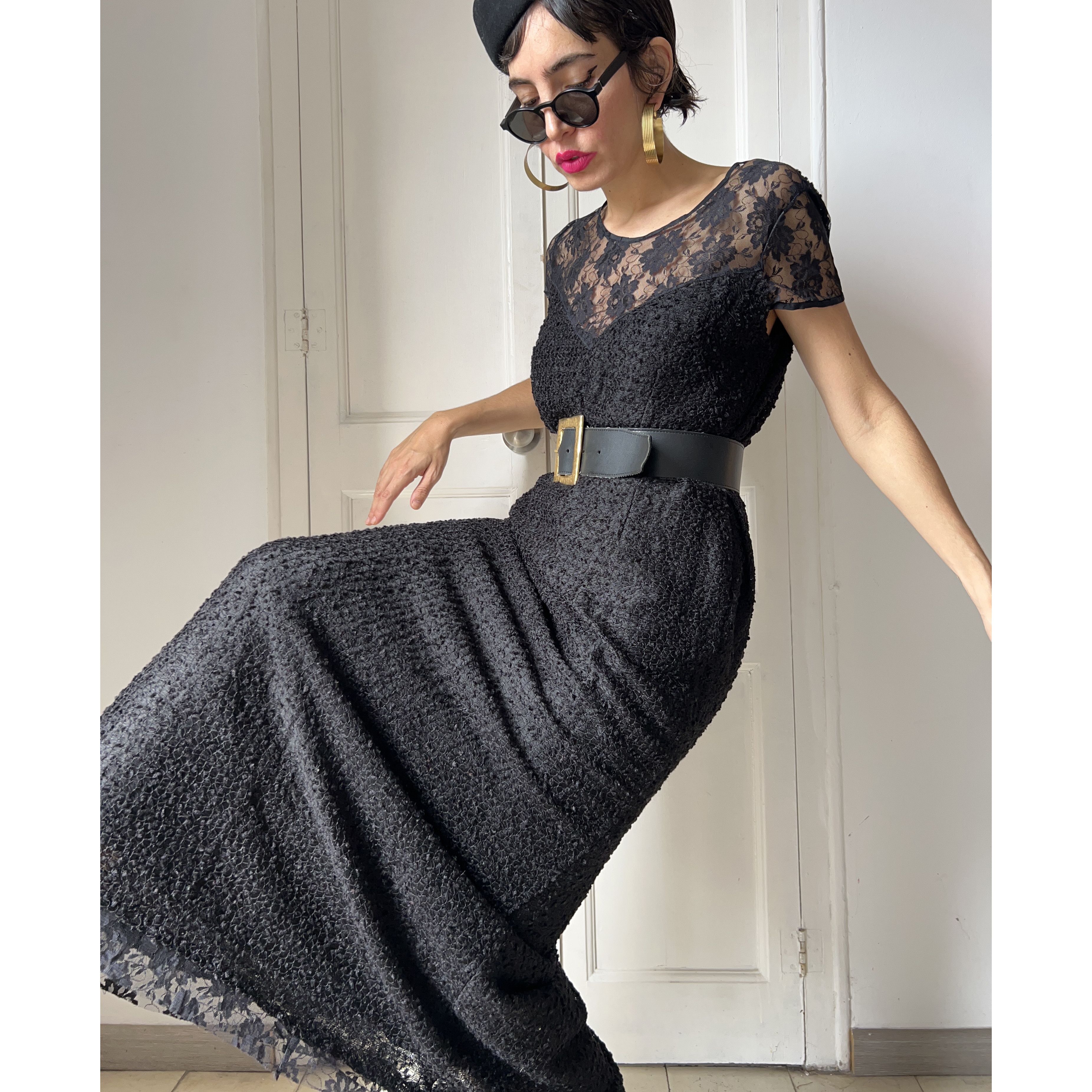 Vintage Vintage 90s Black Bouclé Lace Maxi Dress Size M / US 6-8 / IT 42-44 - 7 Thumbnail