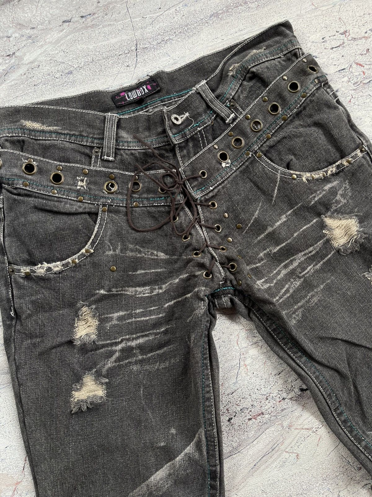 Tornado Mart Distressed Lowbox Double Waist Lace Up Flared Jeans Size US 30 / EU 46 - 3 Thumbnail
