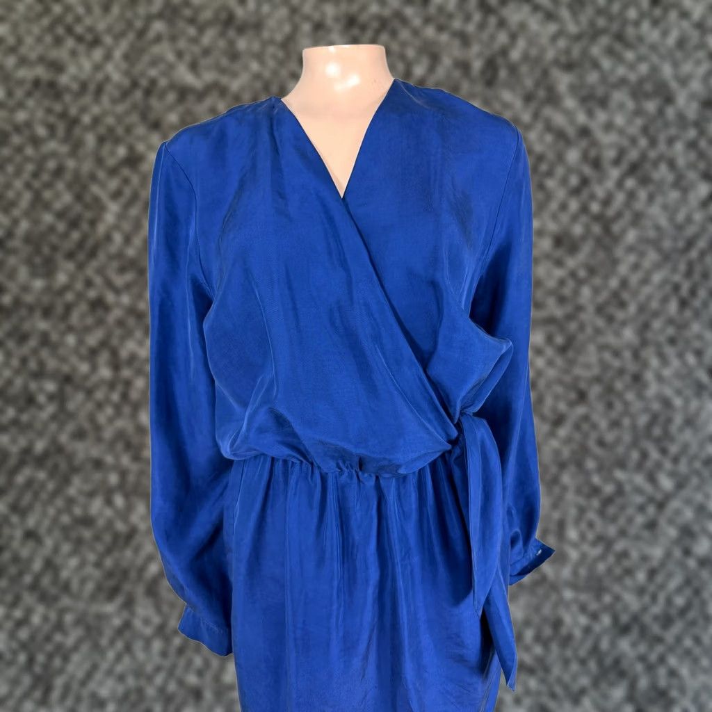 Vintage VINTAGE Shangrila Silks Dress S Blue NOS 80s 90s Long Sleeve Tie Secretary Size S / US 4 / IT 40 - 1 Thumbnail
