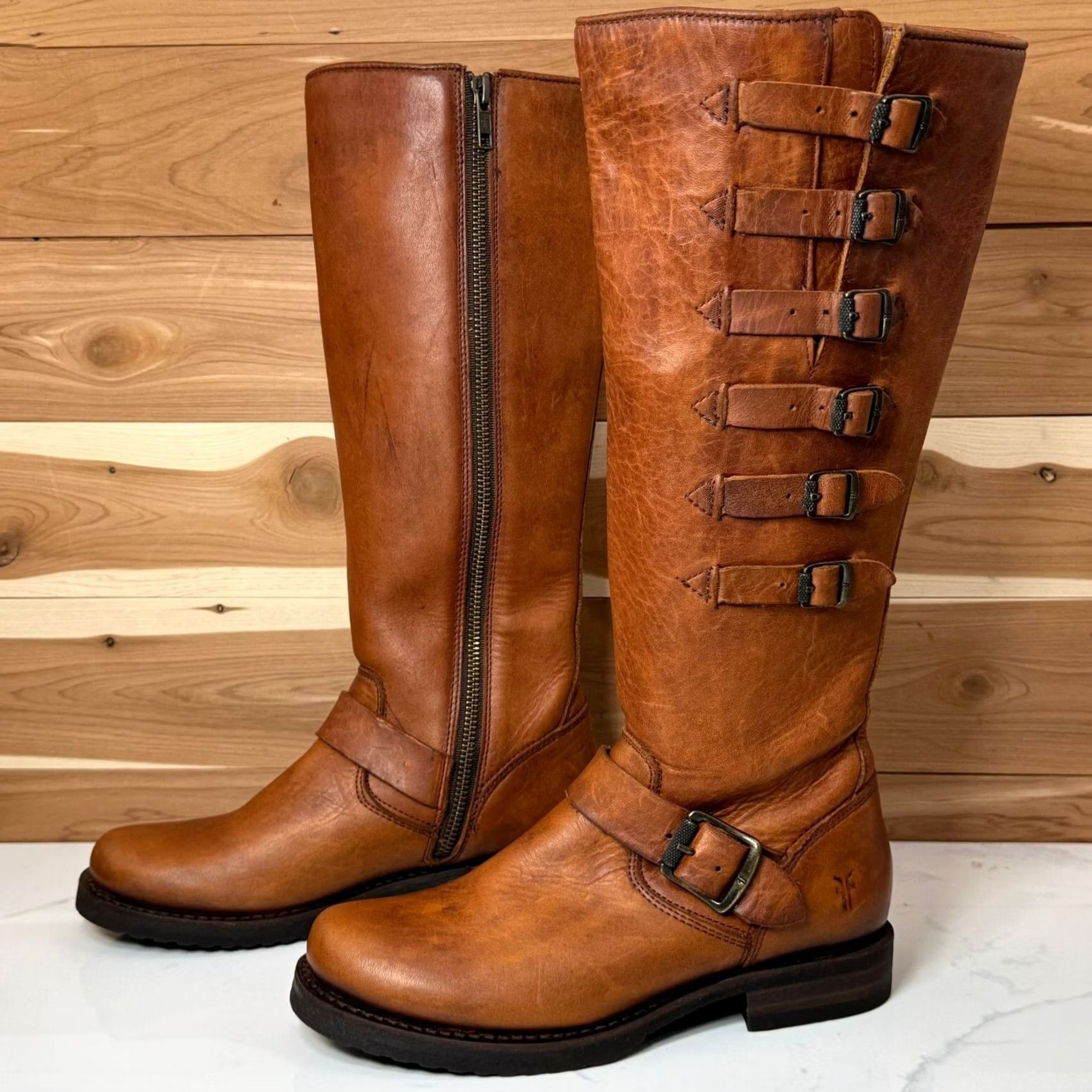 Frye Frye Valerie 6 Strap Tall Boots Brown Leather Zip Brown Women’s 5.5 B Size US 6 / IT 36 - 2 Thumbnail