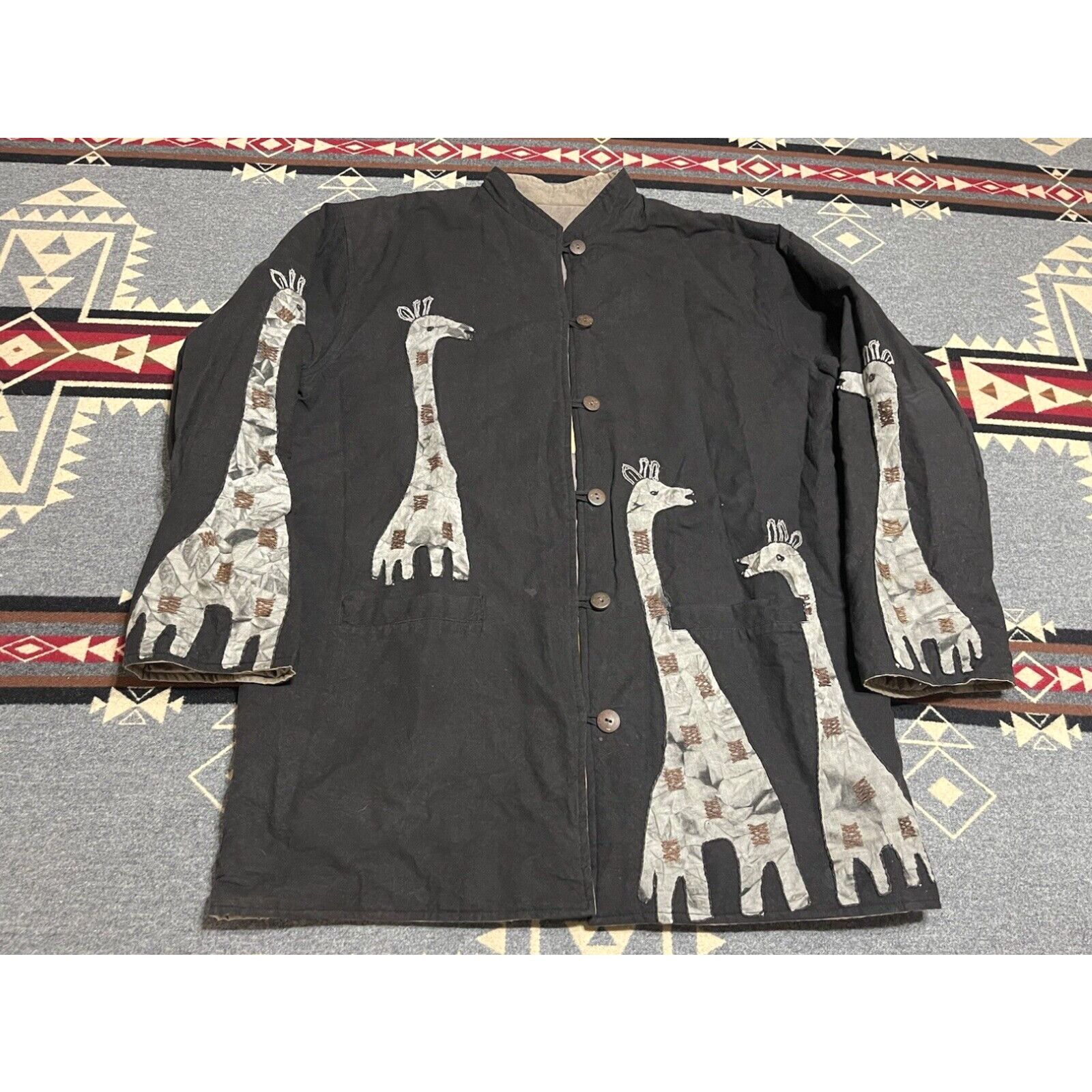 image of Vintage Focus Fashion Reversible Jacket Cotton Giraffes Navy Khaki Artsy Size L/xl T37 in White, Wo