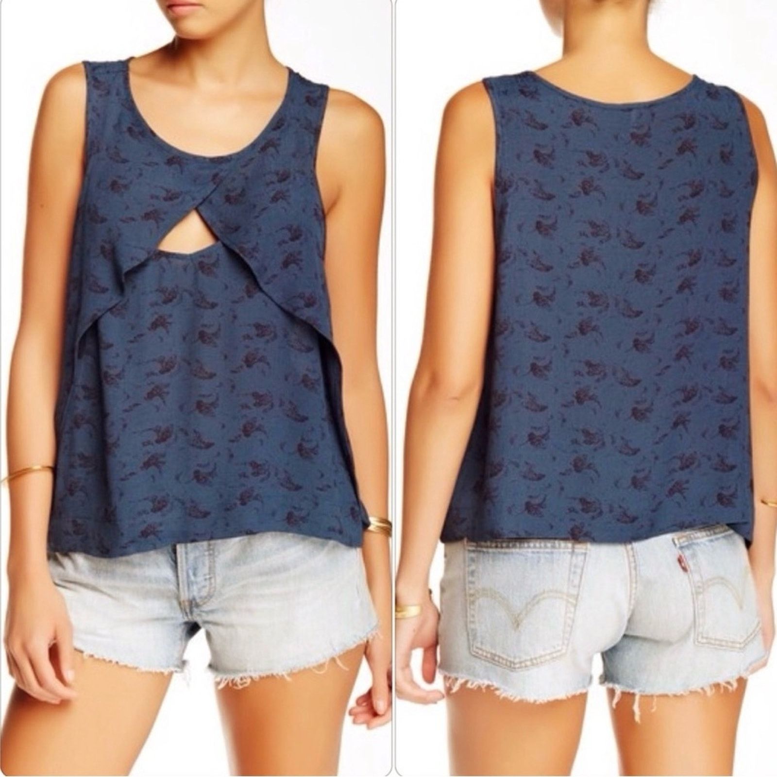 Free People Indigo Combo Tank Top Floral Print Cutout Blue