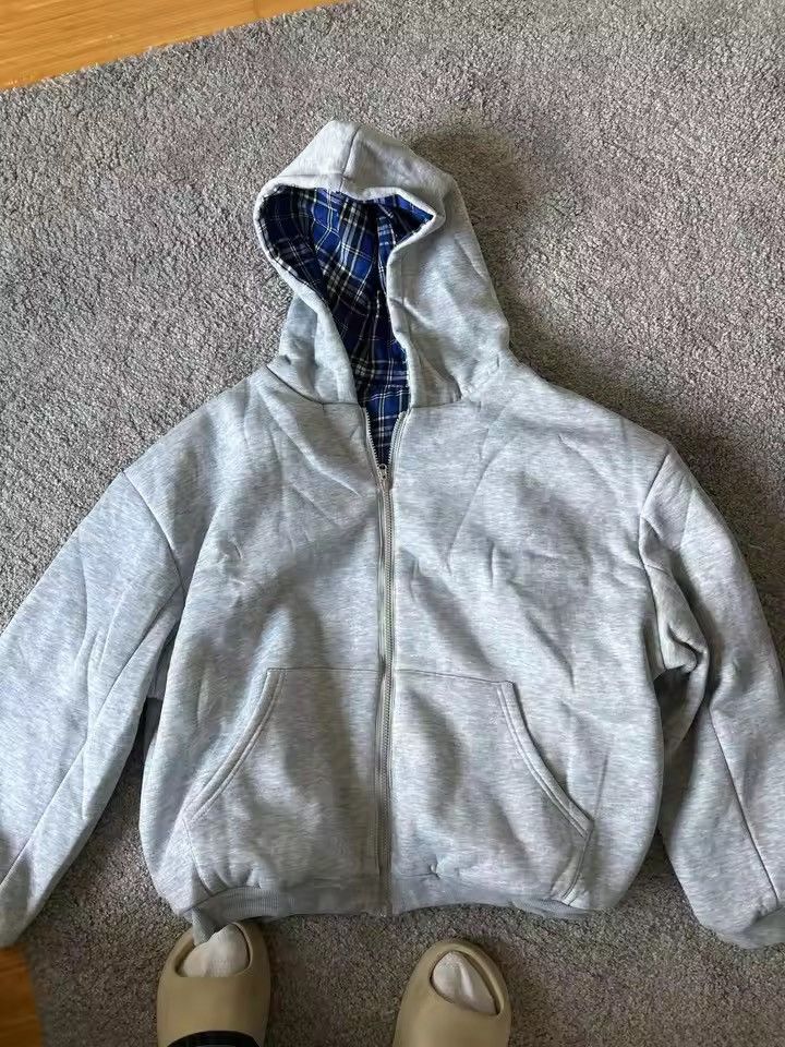 Japanese Brand Reversible Gray Hoodie with Blue Plaid Lining Size US XXL / EU 58 / 5 - 8 Thumbnail