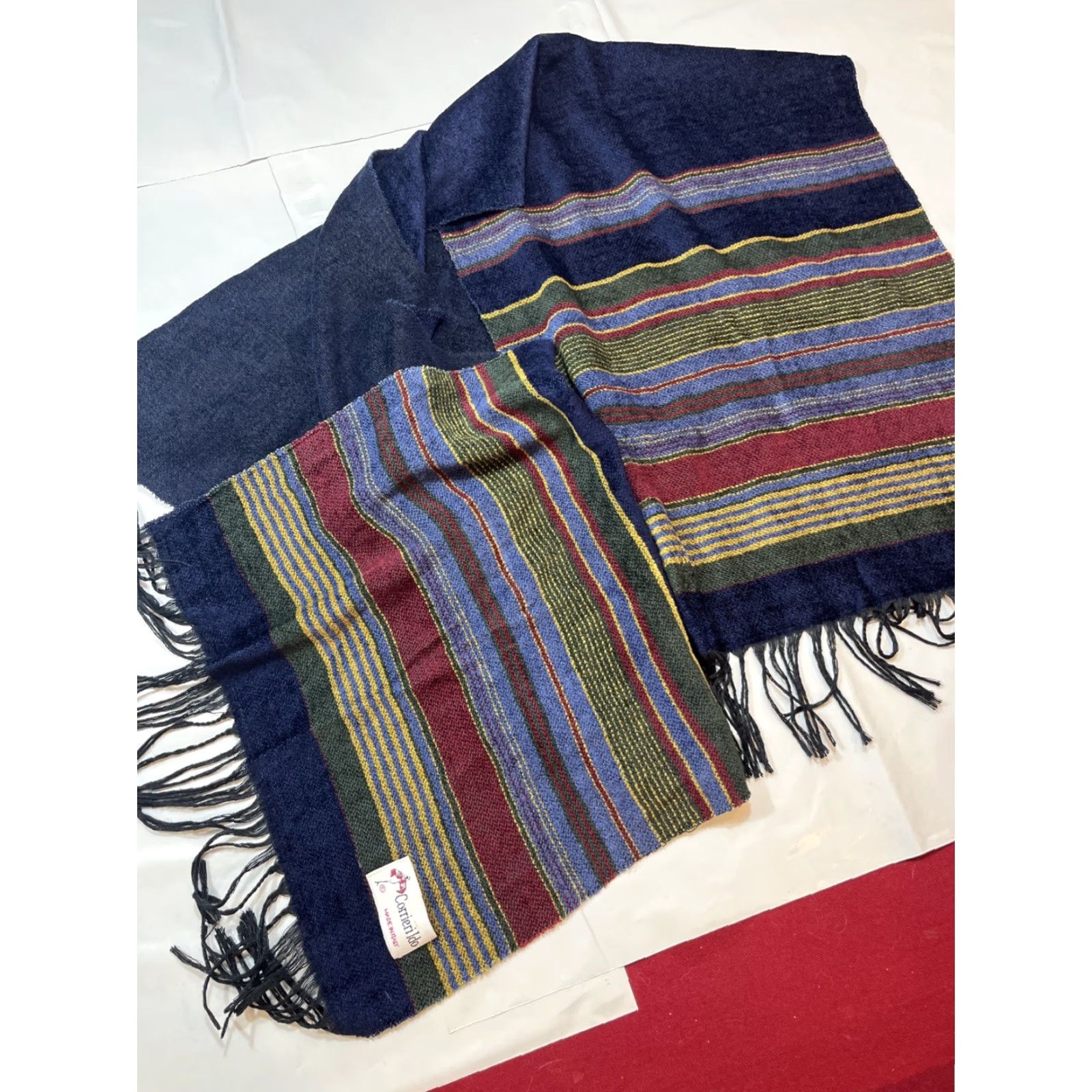 Vintage VINTAGE Corrieri Ido Striped Wool Fringe Scarf BLUE green Burgundy Long wrap Italy Made Size ONE SIZE - 8 Thumbnail