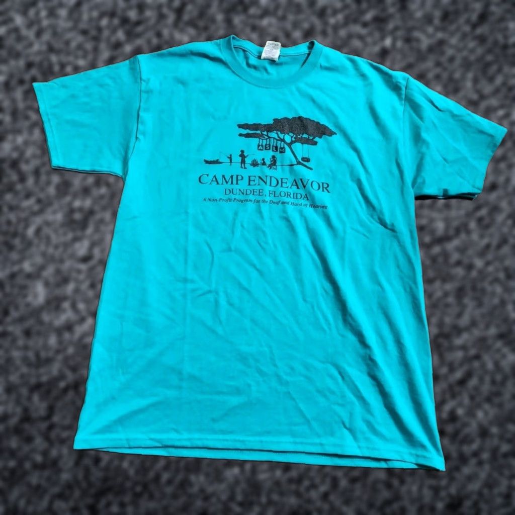 Jerzees JERZEES Mens L T-Shirt Dundee FL Blue Cotton Graphic Print Short Sleeve Crew Neck 2000s Camp Endeavor ASL Sign Language Double Sided Size US L / EU 52-54 / 3 - 1 Thumbnail