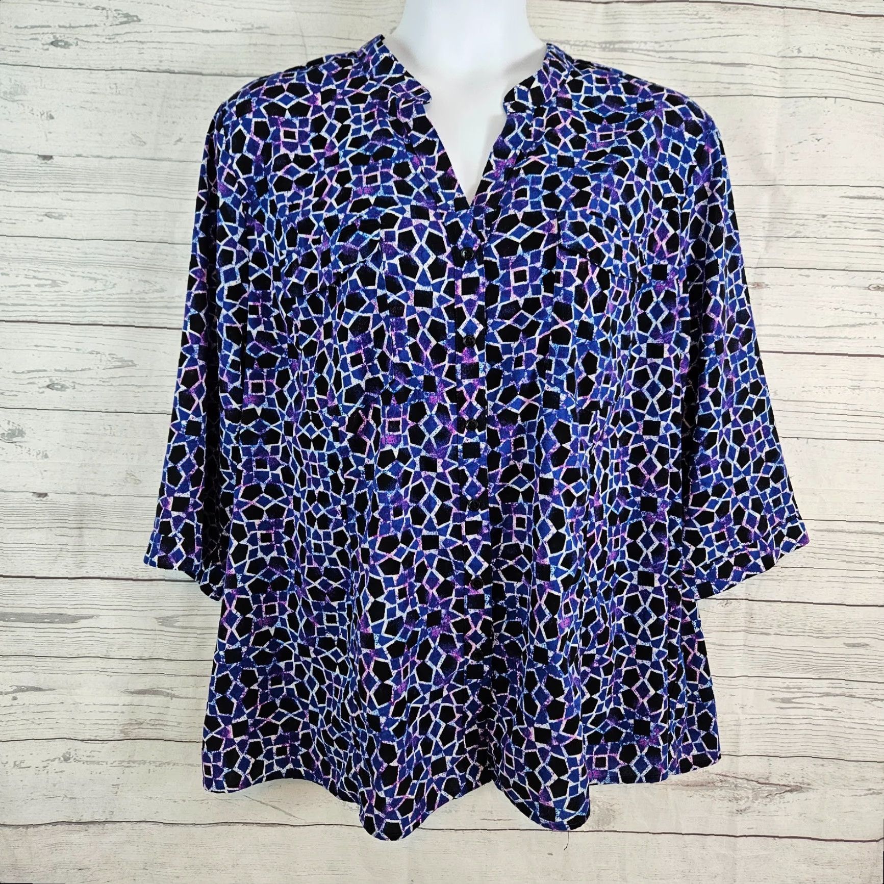 Vintage Catherines Button-Up Top Womens 3X Blue Black 3/4 Sleeve Polyester Size XXL / US 16-18 / IT 52-54 - 2 Thumbnail