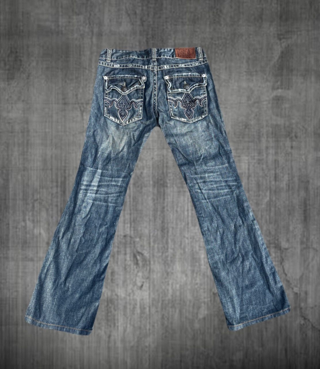 2000s Virca phrase bootcut tribal distressed vkei jeans