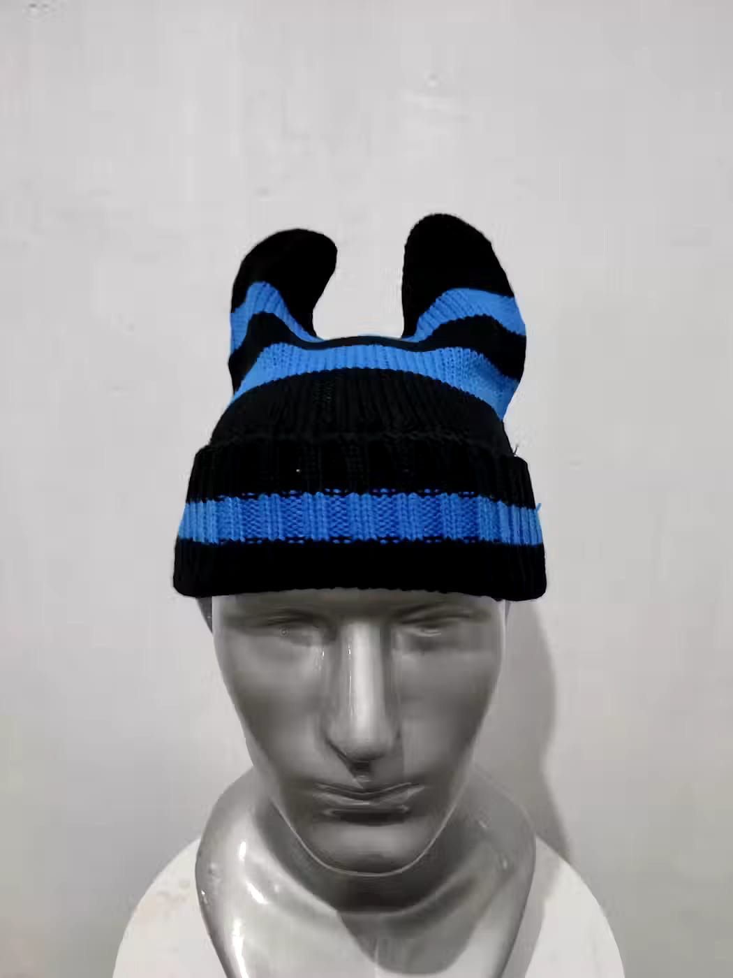 image of Avant Garde Bunny Ear Devil Horn Design Beanie Hats in Blue Stripe, Men's