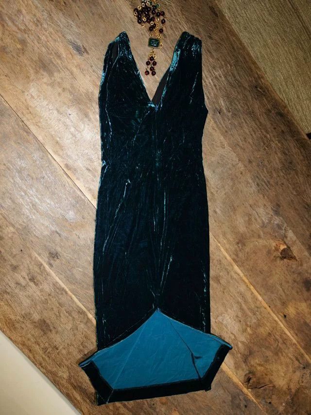 Jean Paul Gaultier JPG Vintage Blue Velvet Pleated Fitted Dress Size M / US 6-8 / IT 42-44 - 7 Thumbnail