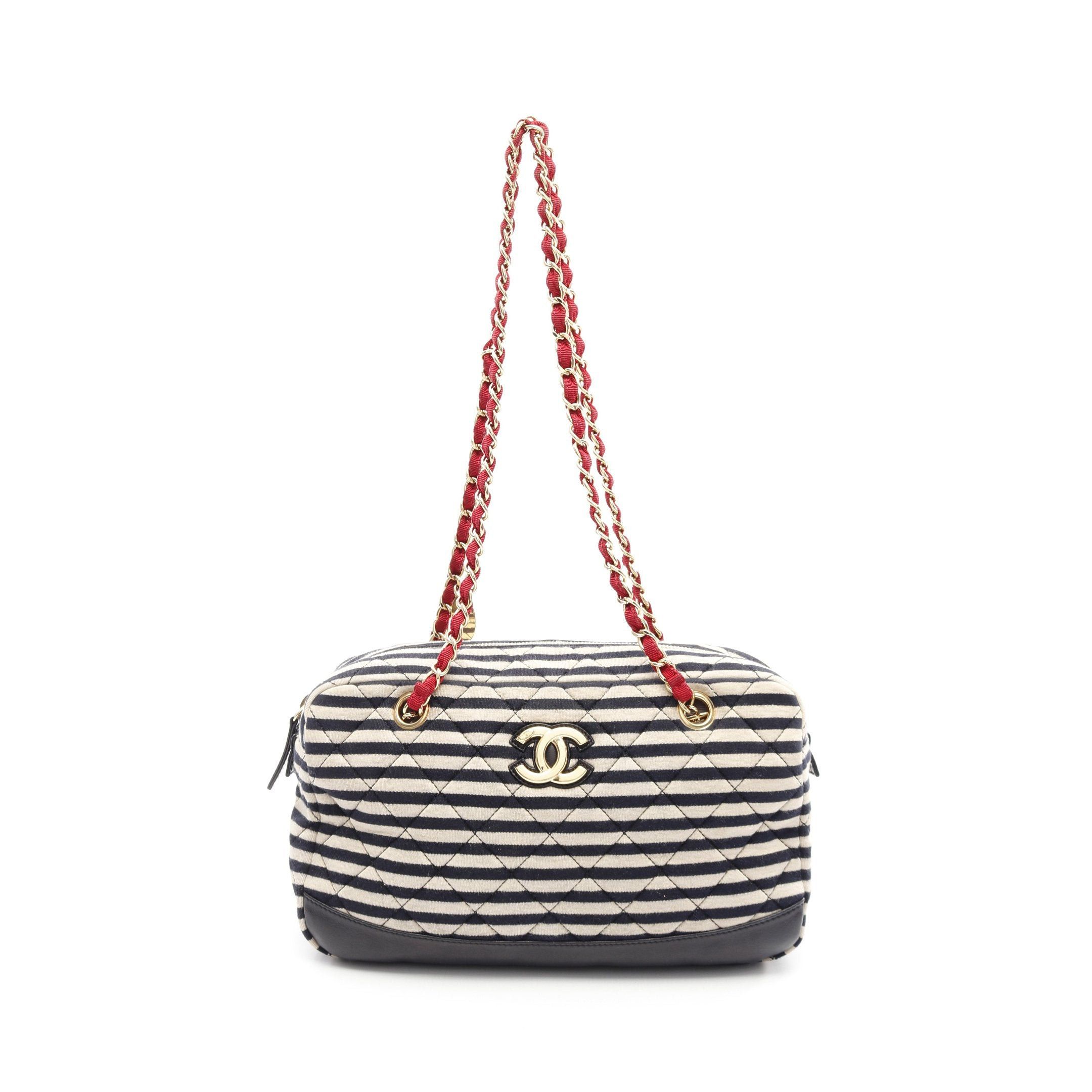 Chanel Chanel Coco Mark Matelasse Chain Shoulder Bag Stripes Cotton Leather Navy Ivory Red Gold Hardware Size ONE SIZE - 1 Thumbnail