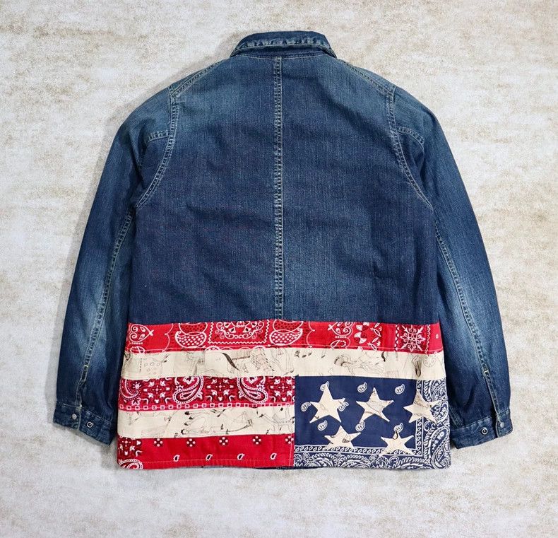 Vintage Denim Coverall with Patterned Flag Design