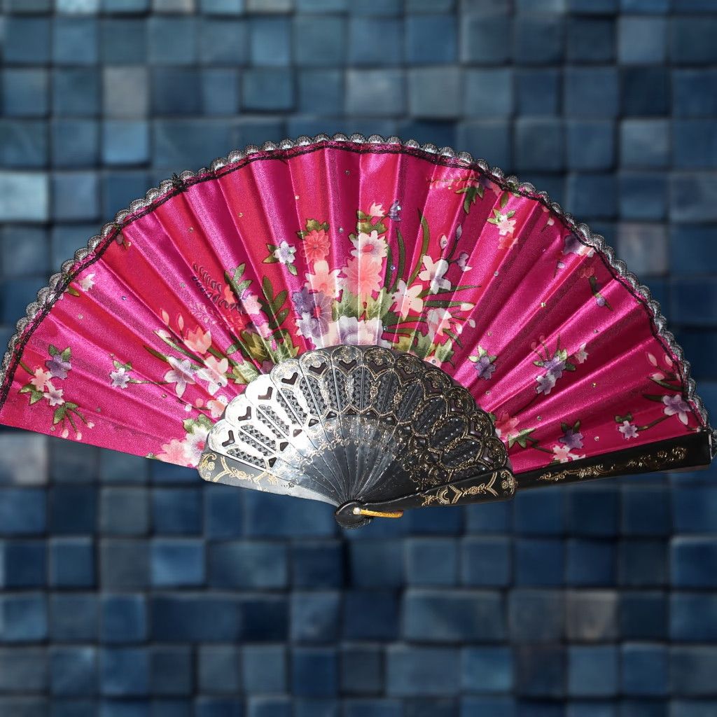 Vintage VINTAGE FAN Small Hand Fan with Flowers Dark Pink 16" Open 9" Closed 3075 Womens/Unisex? Size ONE SIZE - 1 Thumbnail