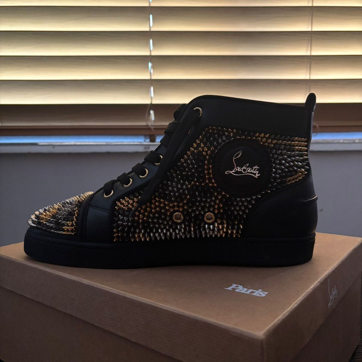 Christian Louboutin Christian Louboutin Black High Top Sneakers Gold Spikes Size US 8 / IT 38 - 2 Thumbnail