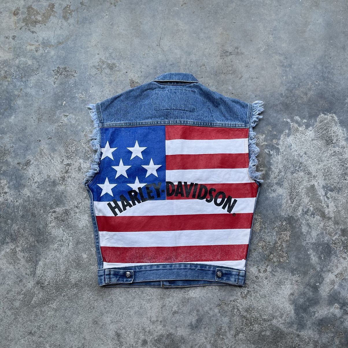 Distressed Denim Teucker Jacket Harley Davidson Sleeveless