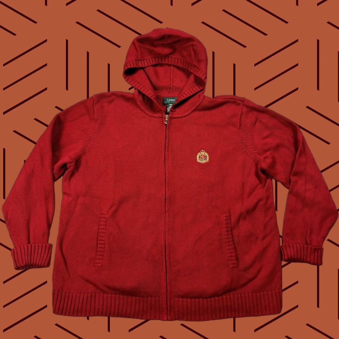Ralph Lauren VINTAGE Lauren Ralph Lauren Crest Full-Zip Knit Hoodie Sweater Unisex XL Red 90s Vintage Theme Knit/Cotton Heavyweight Mens/Womens Size US XL / EU 56 / 4 - 1 Thumbnail