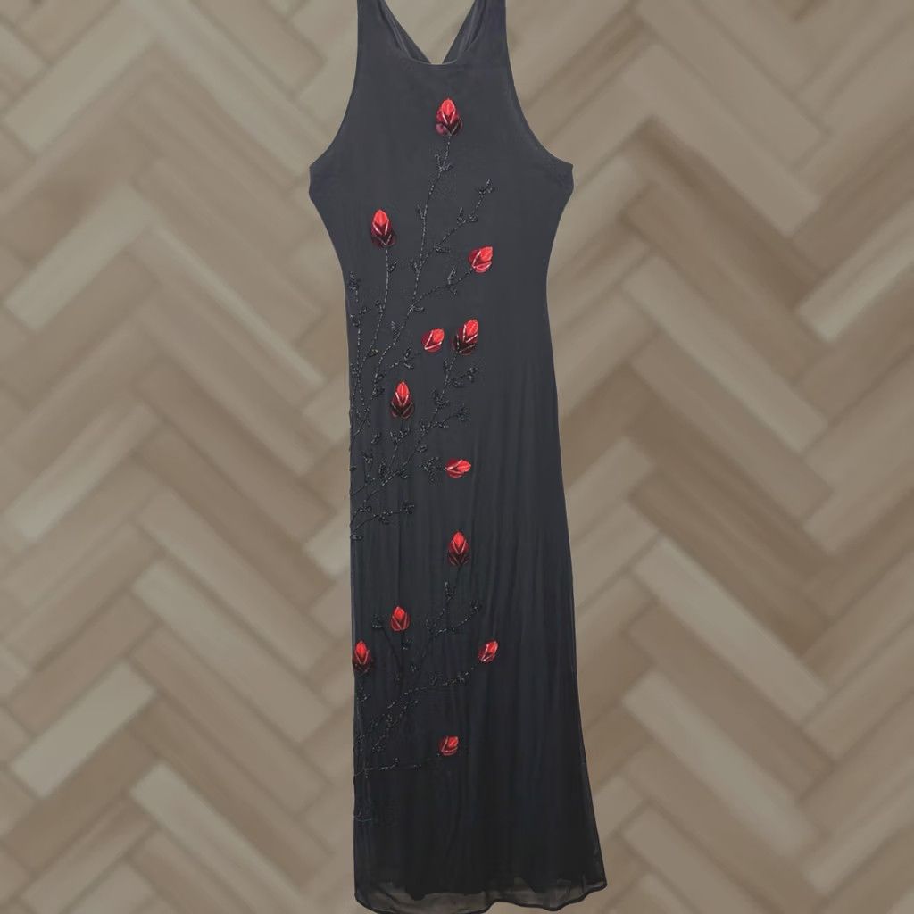 Vintage VINTAGE Cache Cache Formal Dress Womens 10 Black Beaded Red Flowers Maxi Long Silk Polyester Beaded 60" Shoulder to Hem Womens Size L / US 10 / IT 46 - 1 Thumbnail