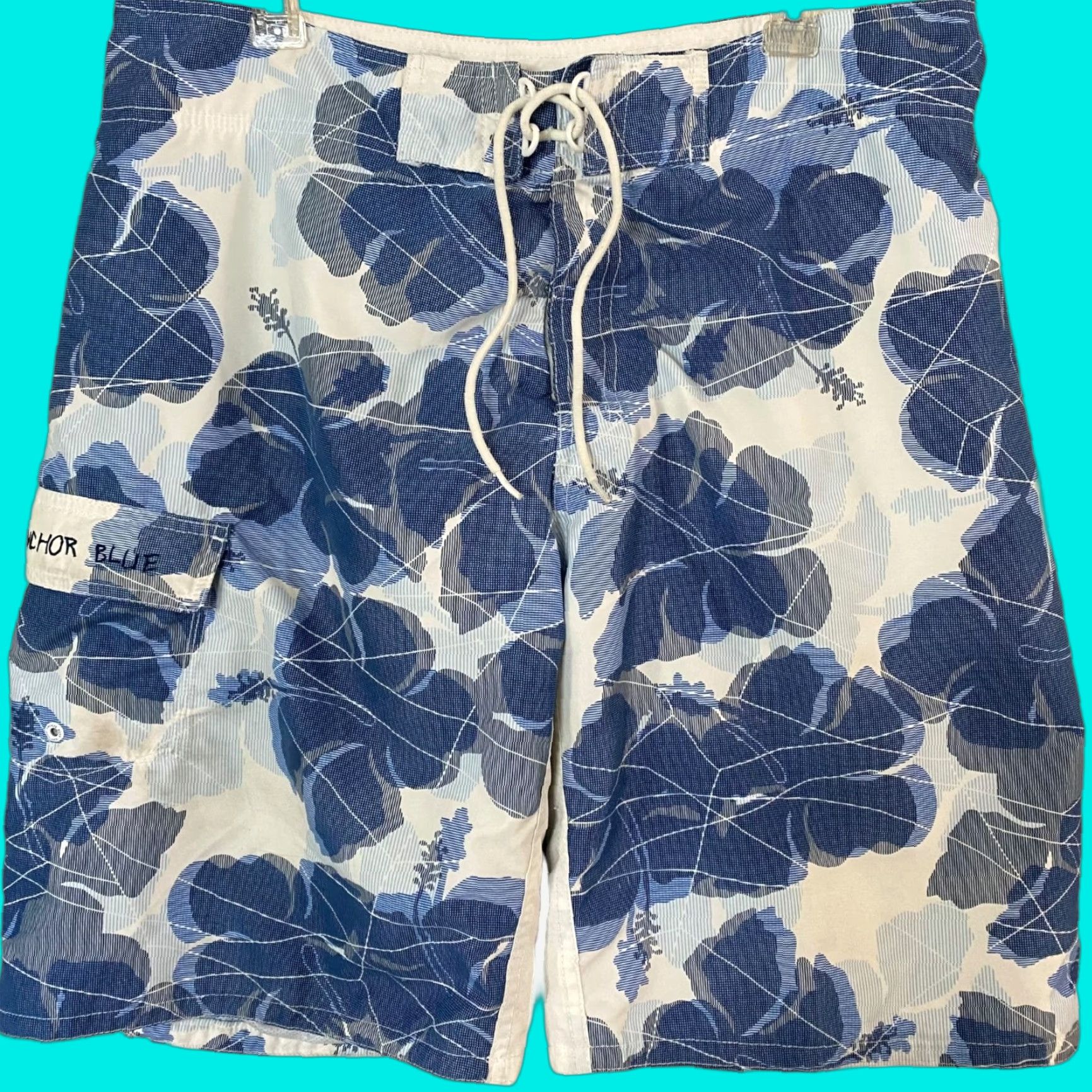Anchor Blue VINTAGE Anchor Blue Board Shorts Mens 36 White Blue Surf Swim Tropical Print Pockets 100% Polyester Beach Size US 36 / EU 52 - 1 Thumbnail
