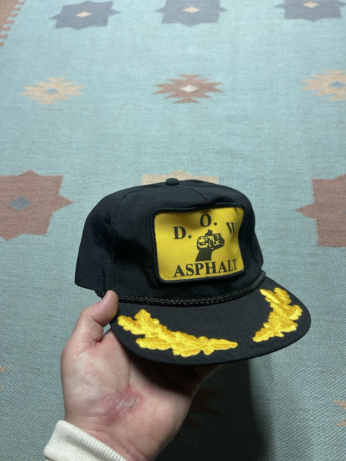 Vintage Vtg 80s SnapBack hat D.O.W. Asphalt yellow patch gold leaf Size ONE SIZE - 1 Thumbnail