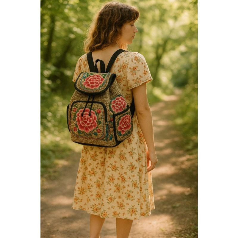 Vintage Boho Embroidered Floral Backpack Black Red Rose Folk Size ONE SIZE - 1 Thumbnail