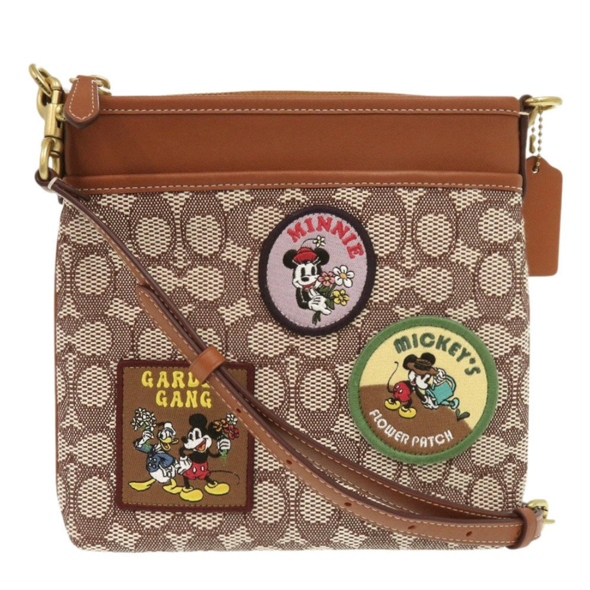 Like New Coach Ch491 Disney Patch Mickey Canvas Leather Brown Shoulder Bag 0668Coach, Women's
