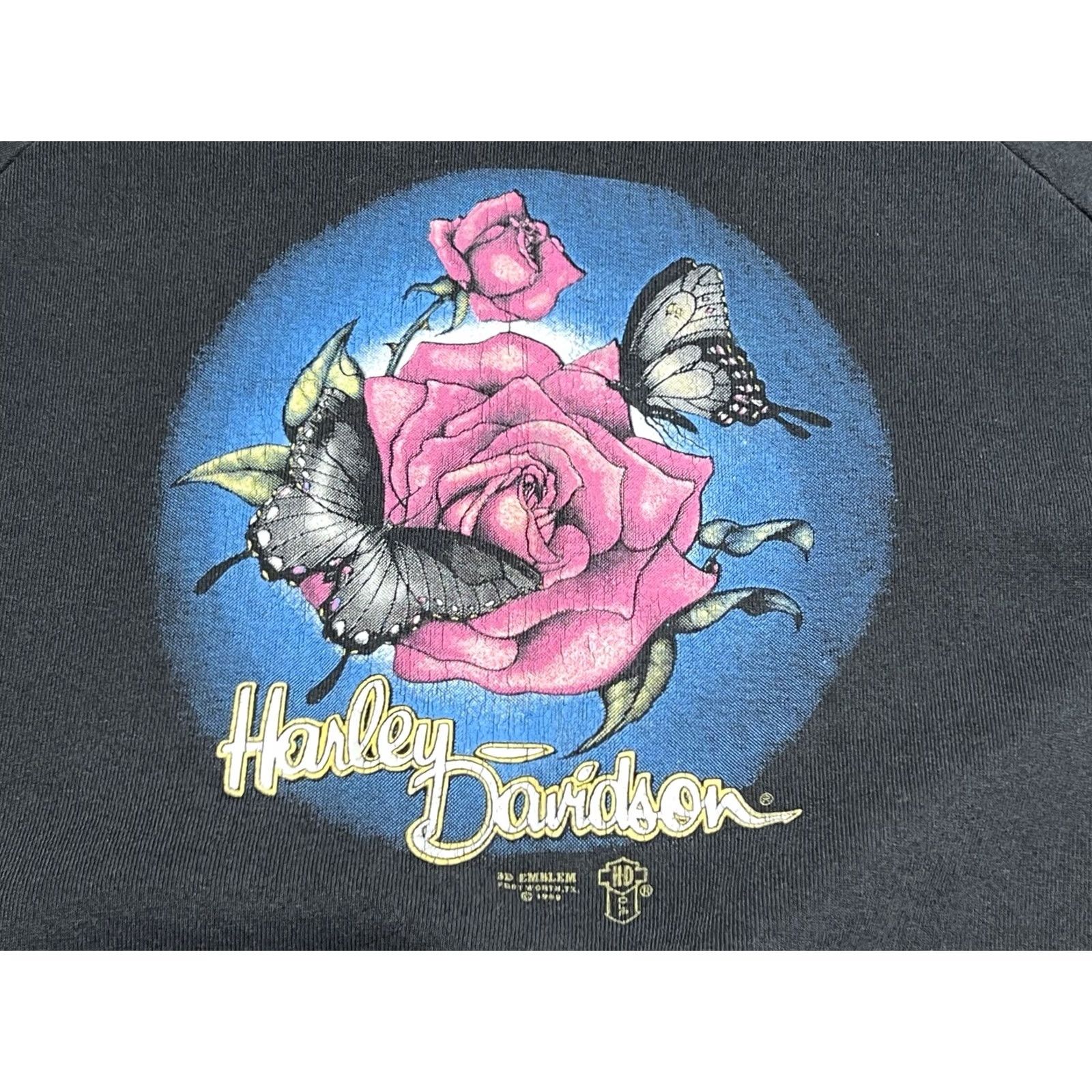 Harley Davidson VINTAGE Harley Davidson Hoodie 3D Emblem Rose Butterfly Sweatshirt Black L Mens Womens Unisex Adults 80s Dayton Bike Week Graphic Print Size US L / EU 52-54 / 3 - 3 Thumbnail