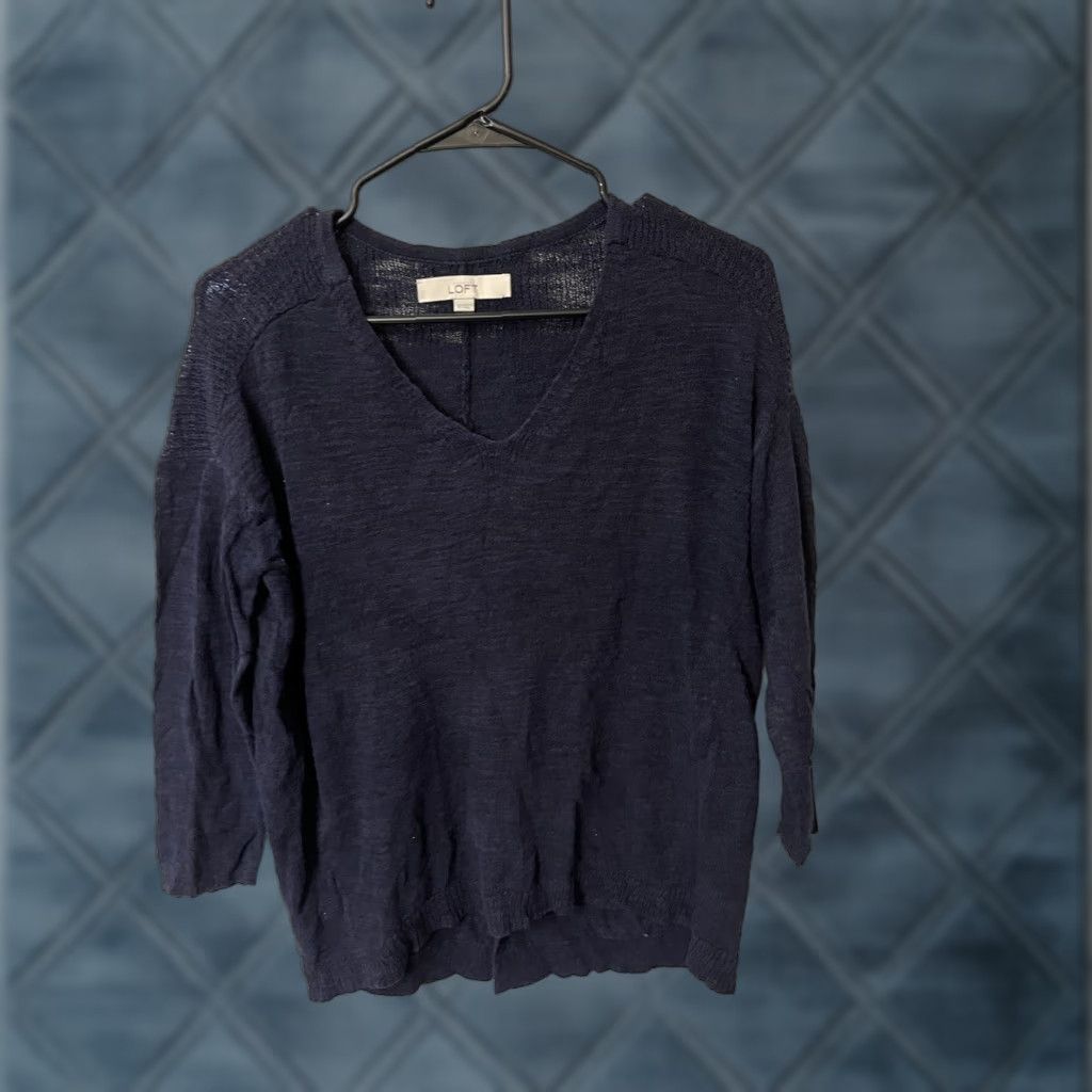 Ann Taylor Ann Taylor LOFT Navy Blue V-Neck 3/4 Sleeve Sweater XS Cotton Blend Pullover Women Size XS / US 0-2 / IT 36-38 - 1 Thumbnail
