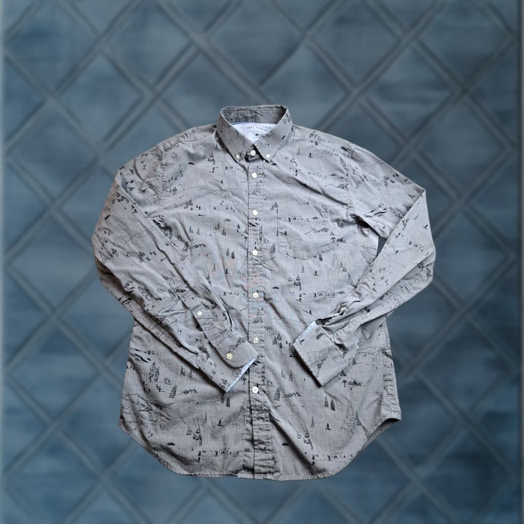 Banana Republic Banana Republic Shirt Medium Gray Ski Print Luxe Poplin Slim Fit Long Sleeve Button-Down Collared Men Regular Size M Size US M / EU 48-50 / 2 - 1 Thumbnail
