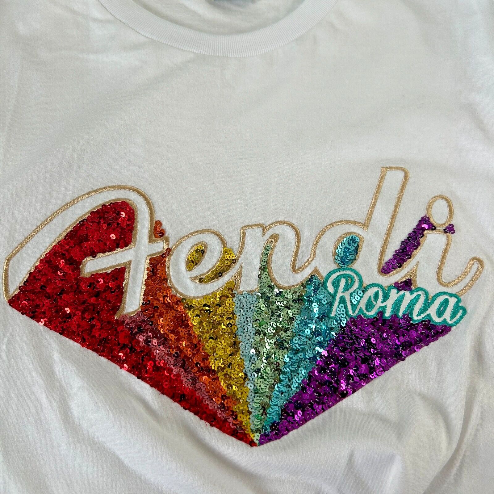 Fendi Fendi White Short Sleeve Rainbow Sequined Fendi Roma Tee L Size L / US 10 / IT 46 - 4 Thumbnail