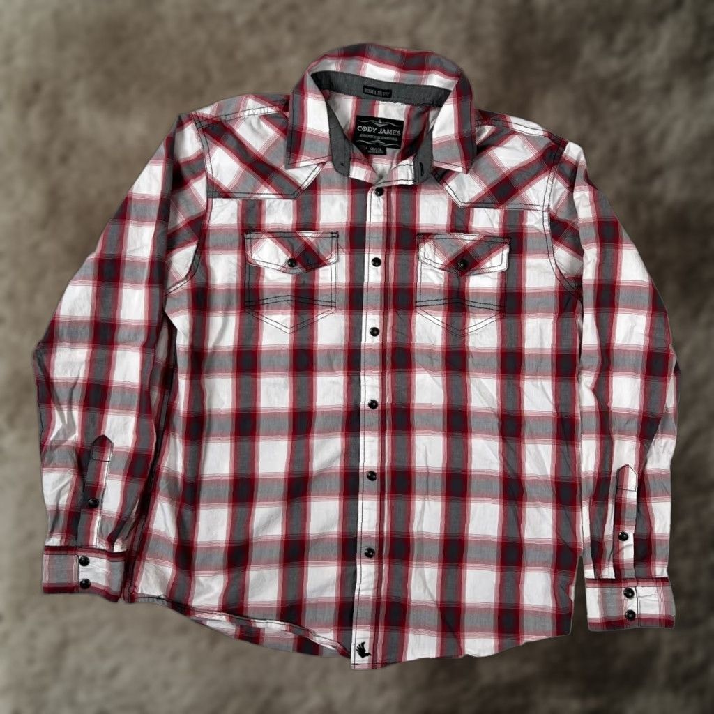 Cody James Cody James Shirt Mens Large Red Gray Plaid Western Snap Front Long Sleeve Size US L / EU 52-54 / 3 - 1 Thumbnail